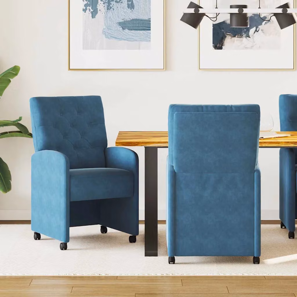 Set di 2 sedie da pranzo con ruote vidaXL in velluto blu, L: 58 cm, P: 67 cm, H: 97 cm – 1