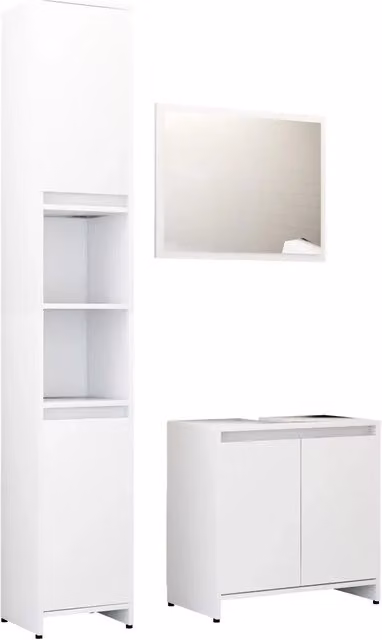 Set Mobili da Bagno Moderno Design In Bianco Lucido composto da Colonna Alta, Mobile Lavabo e Armadietto con Specchio in MDF
