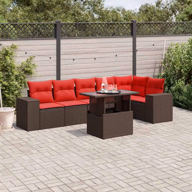 Set Divani da Giardino vidaXL 7 pz in Polyrattan Marrone con Cuscini e Tavolino per Terrazza e Balcone
