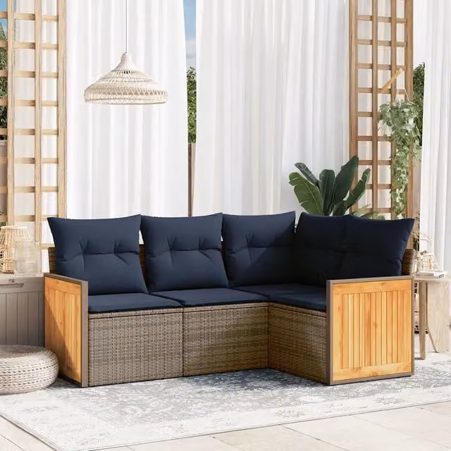 Set di divani da giardino vidaXL a forma di L in polyrattan con cuscini grigi e blu e struttura in acciaio verniciato a polvere – 1