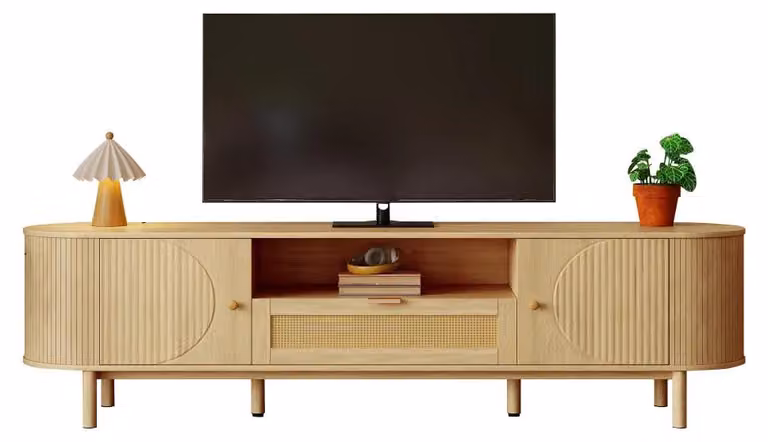 Mobile TV a basso profilo - Console multimediale - Stile moderno - Frontale in legno con finitura a listelli - Cassetto in rattan - Ripiano aperto - Apertura per cavi - Materiali: legno/MDF - Modello 1
