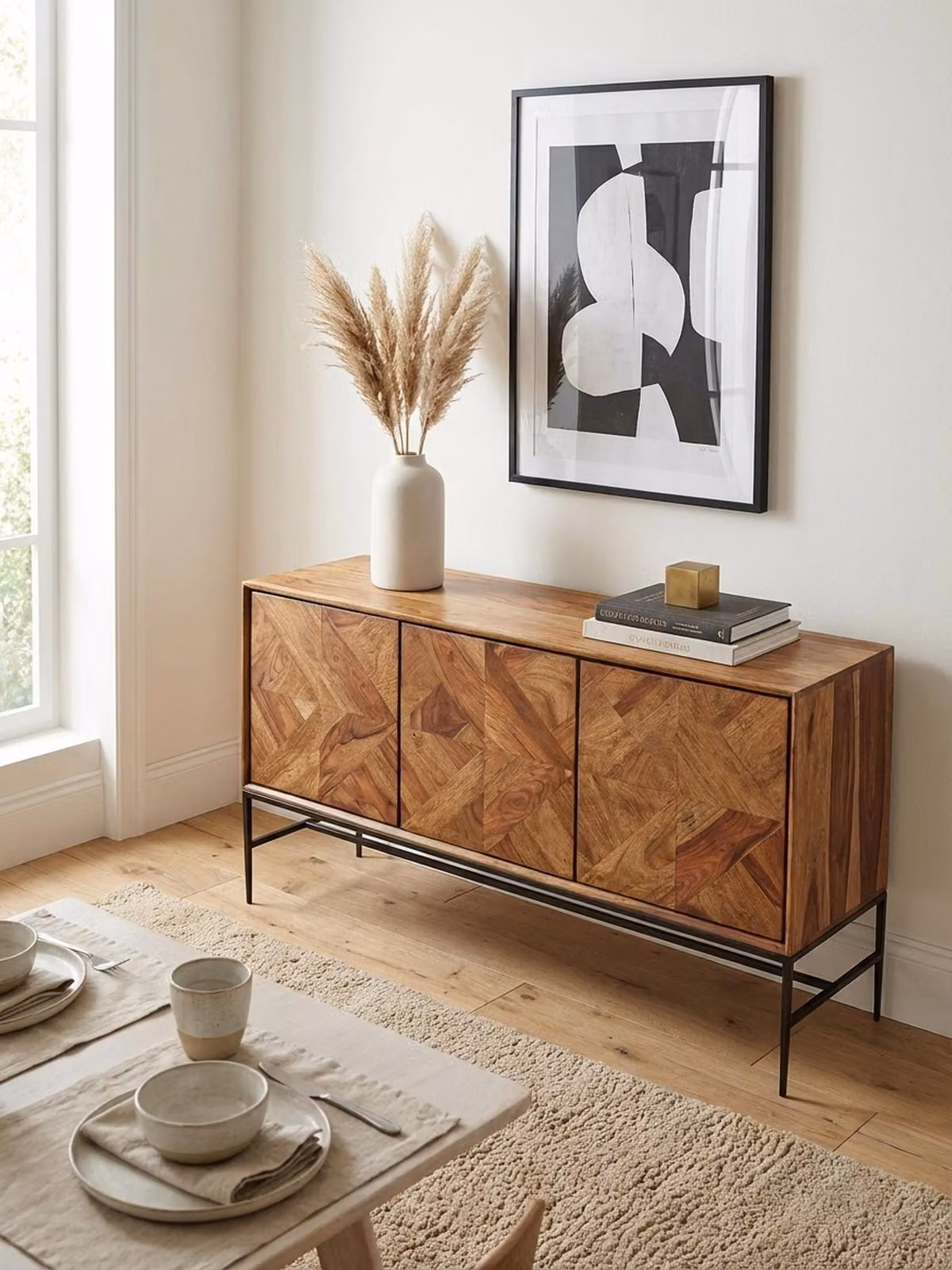 Credenza 123x70x45 cm Legno massello di sheesham / metallo Credenza con ante, cassettiera industriale Cassettiera in legno moderno, armadio a colonna soggiorno
