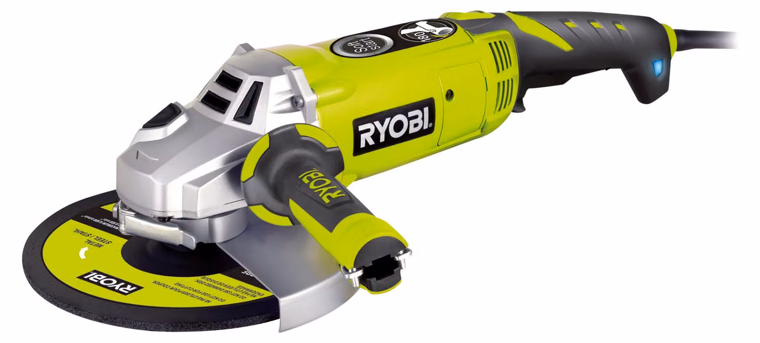 RYOBI - 2000W 230mm Angle Grinder - 180? Handle - Shockproof Case + Case. 230mm Metal Disc & Service Key - EAG2000RS