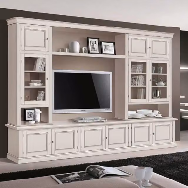 Parete attrezzata Mobili 2G in legno di pino stile shabby chic colore bianco con ante in vetro, L: 286 cm, P: 50 cm, H: 227 cm