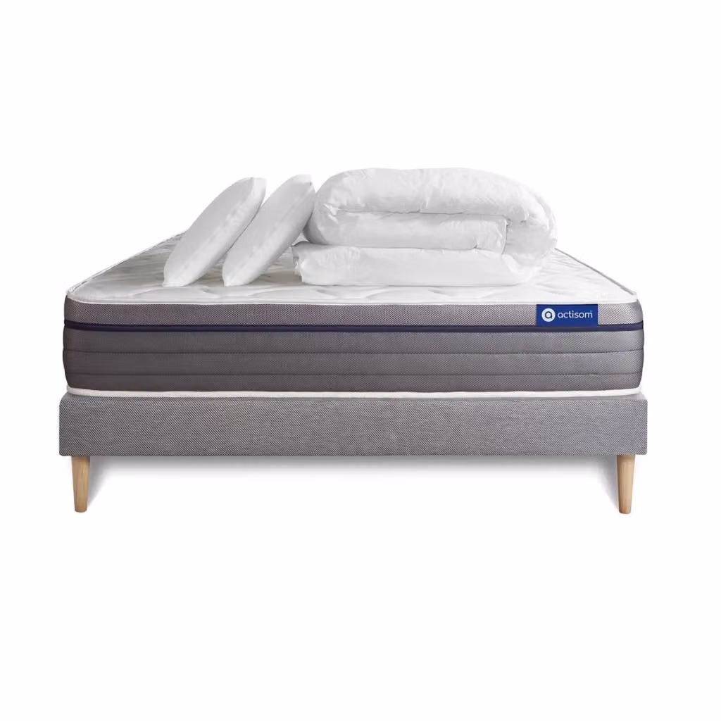 Set letto completo Actisom Hybrid grigio con materasso in memory foam, box spring con doghe, 2 cuscini e piumino L/P: 180 x 200 cm – 2
