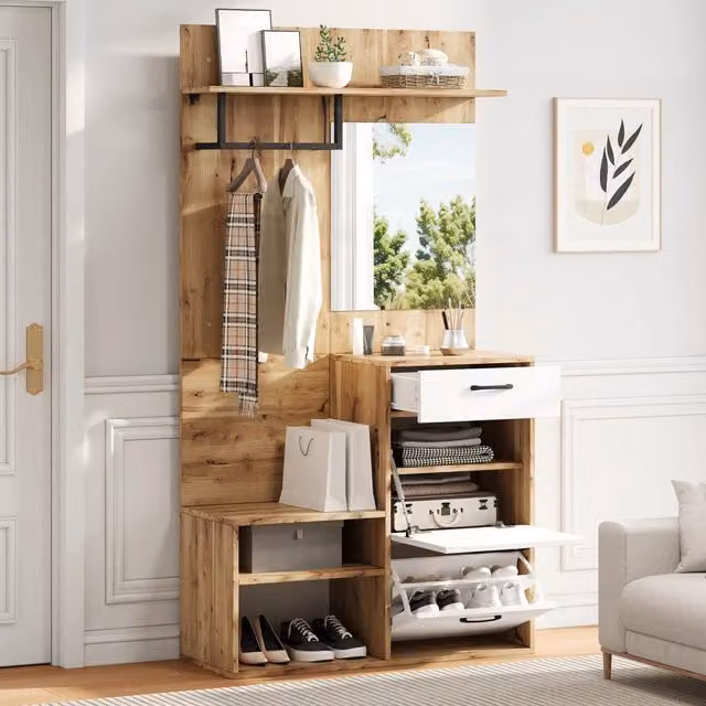 Mobile ingresso multifunzionale MODFU con specchio, cassetto e scarpiera, L/P/H: 100 x 38,5 x 190 cm, bianco e beige