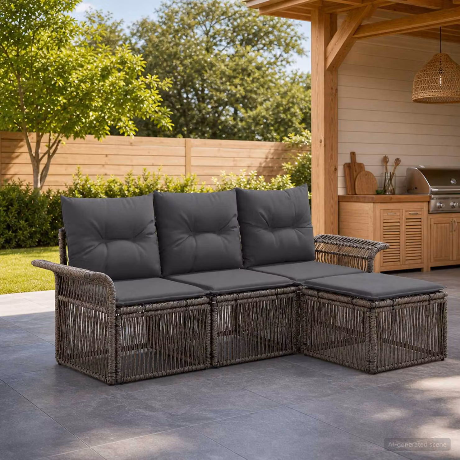 Set Divano da Giardino vidaXL 4 Pezzi a Forma di L Grigio con Poltrone e Ottoman in Polyrattan e Acciaio