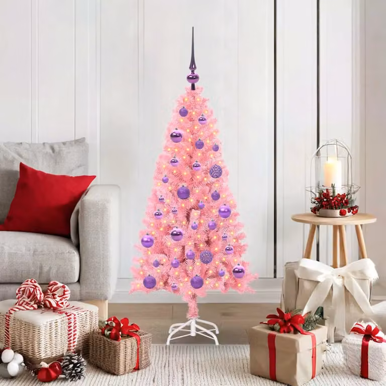 Albero di Natale moderno vidaXL rosa con luci LED bianco caldo in PVC, Altezza: 120 cm