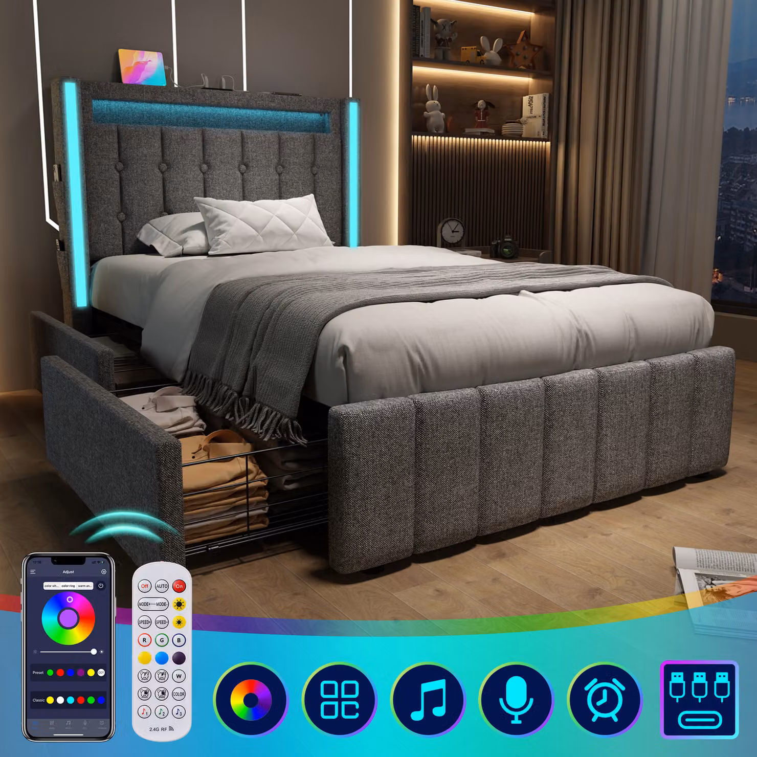 Letto imbottito Flieks 90x200cm con USB e tipo C, letto contenitore per ragazzi con 2 cassetti, letto singolo in legno con LED e rete a doghe, lino, grigio