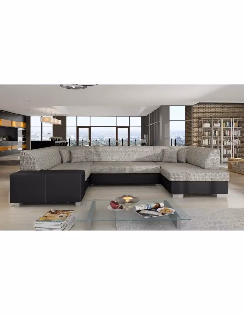 Divano panoramico a U HAVANE MEUBLORAMA convertibile per 6 persone con contenitore, Grigio e Nero – 2