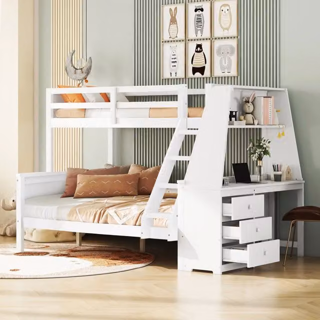 Letto a castello MIVRAY bianco in legno e MDF con scrivania, libreria, tre cassetti e scala configurabile per cameretta bambini