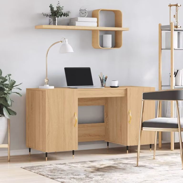 Scrivania da ufficio vidaXL in legno e metallo, colore rovere e beige, L 140 x P 50 x H 75 cm