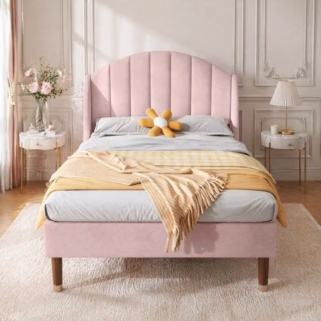 Letto singolo imbottito 90x200 cm con rete a doghe e testiera in velluto rosa