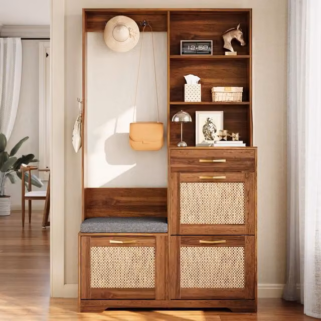 Set armadio ingresso Minimal con panca scarpiera in rovere e rattan, colore marrone, con cassetti e ganci salvaspazio, L: 170 cm, P: 40 cm, H: 30 cm