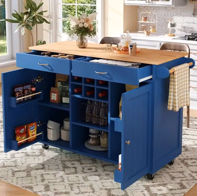Isola da cucina su ruote 102x45x92 cm in MDF e metallo blu con portabottiglie