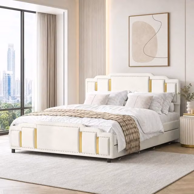 Letto contenitore 160 x 200 cm in velluto beige con 4 cassetti e LED