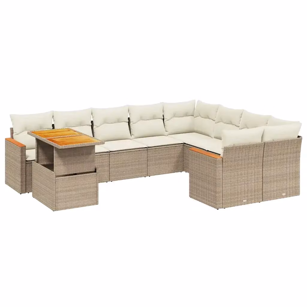 Set Divano da Giardino vidaXL 10 pz a Forma a L in Polyrattan con Cuscini Beige e Tavolino da Esterno – 2