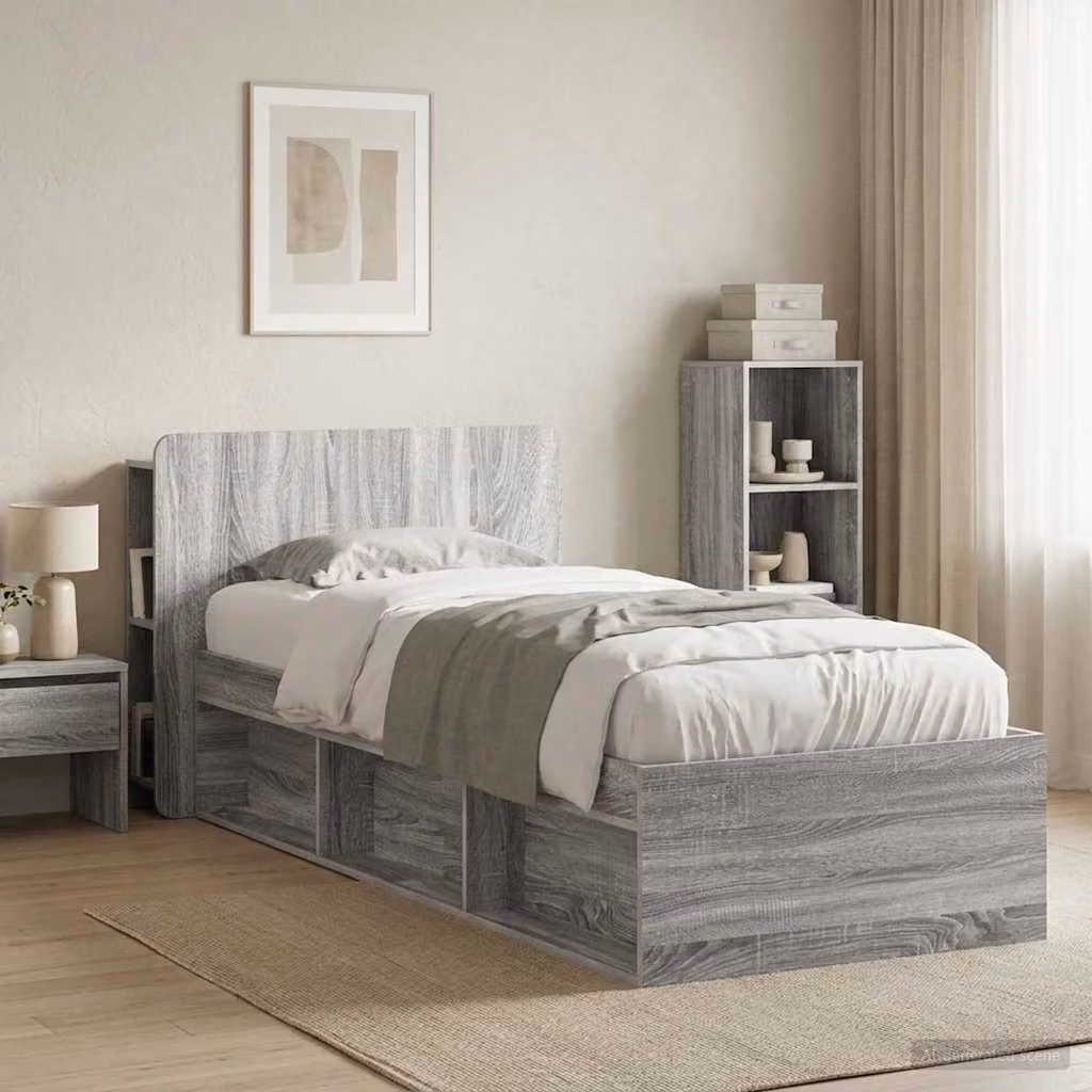 Testata del letto moderna vidaXL in legno ingegnerizzato Grigio con ripiano integrato e scomparti laterali