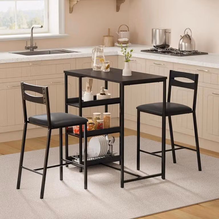 Set da bar composto da 3 elementi: tavolo e due sgabelli - Gruppo per la sala da pranzo - Altezza da bar - 3 ripiani - Porta bottiglie - Sgabelli imbottiti - Design salvaspazio - Colore nero