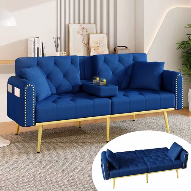 Divano letto 2 posti in velluto blu con schienale regolabile a 3 inclinazioni
