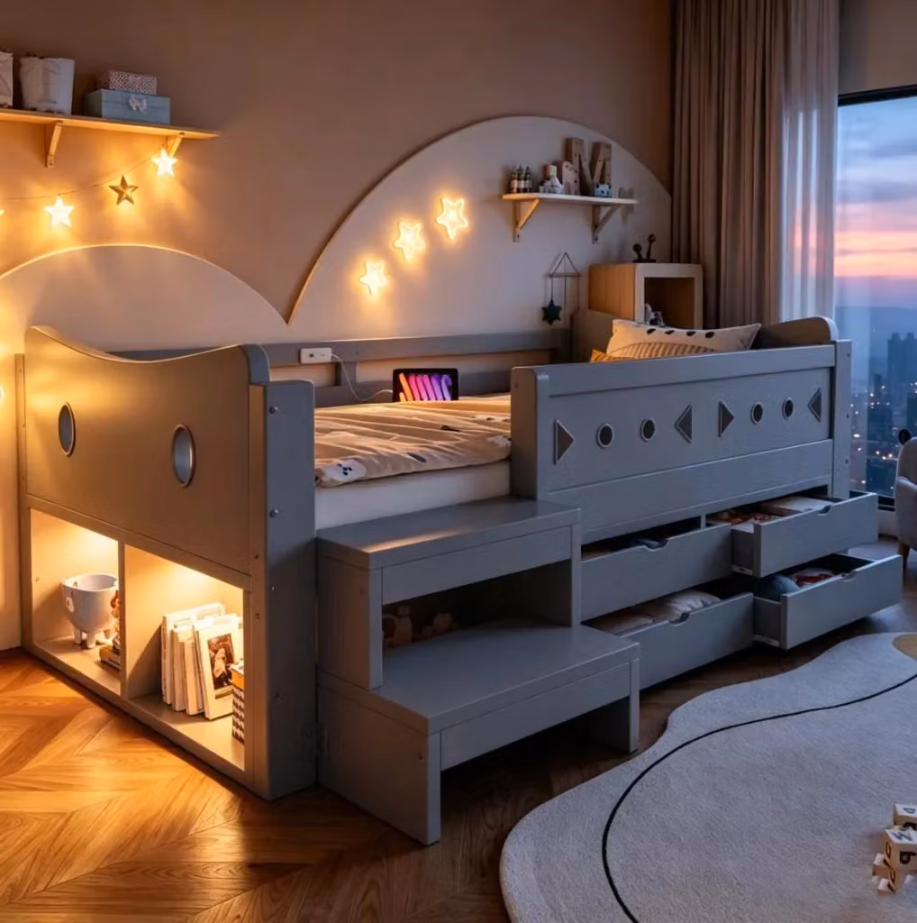 Lettino multifunzionale per bambini Beaok in legno e MDF grigio con cassetti, illuminazione LED sottostante, porta di ricarica USB e mensola portaoggetti, L/P/H: 90 x 200 x 120 cm – 2