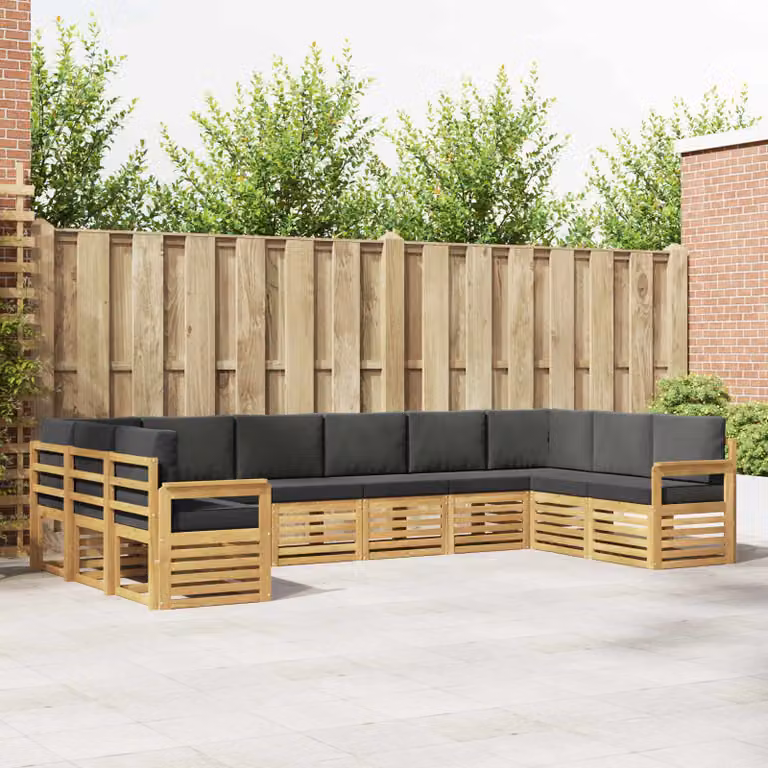 vidaXL Set di divani da esterno a forma di U composto da 7 pezzi in legno di acacia con cuscini bianchi e antracite