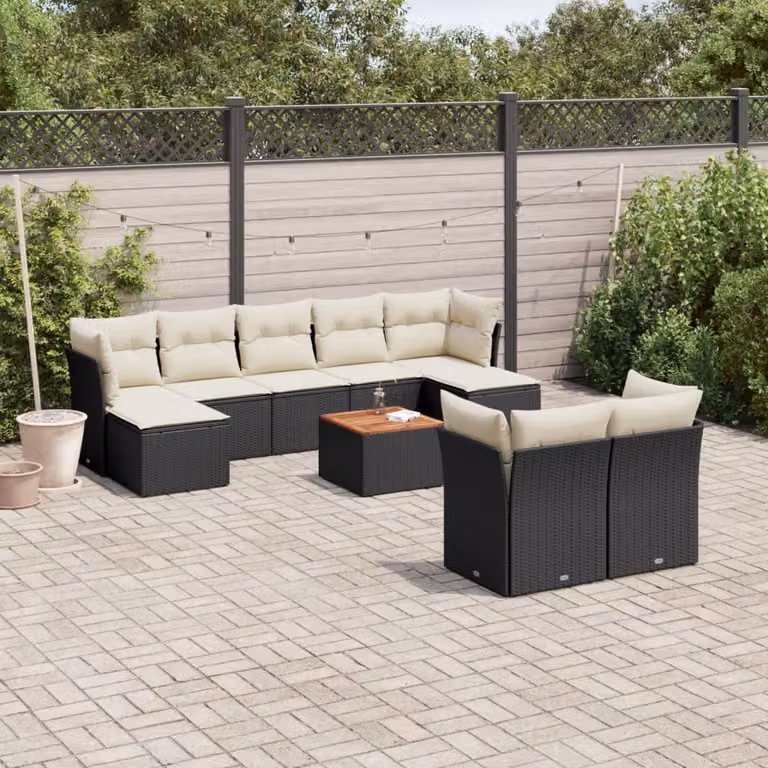 Set di divani da giardino vidaXL in polyrattan nero con cuscini e tavolino da esterno