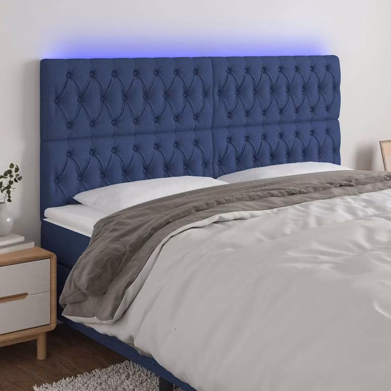Testiera con LED e porta USB vidaXL in tessuto blu, L: 200 cm, P: 7 cm, H: 118-128 cm