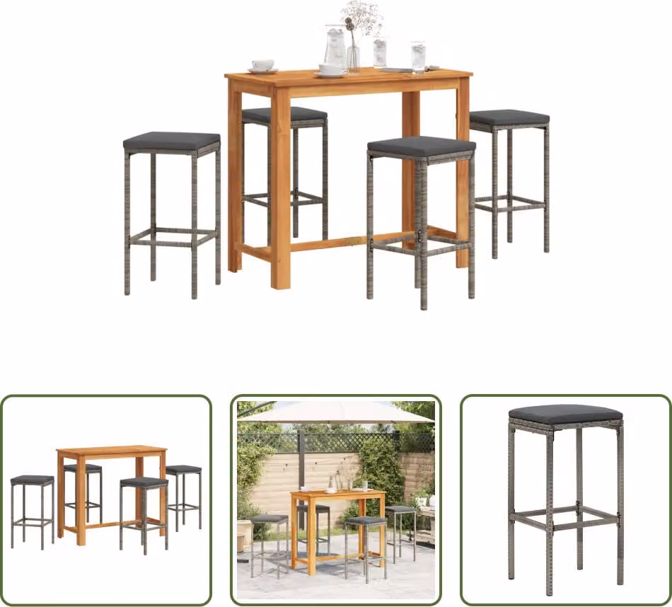 The Living Store Set bar da giardino 5 pezzi in legno massiccio di acacia e poly rattan grigio
