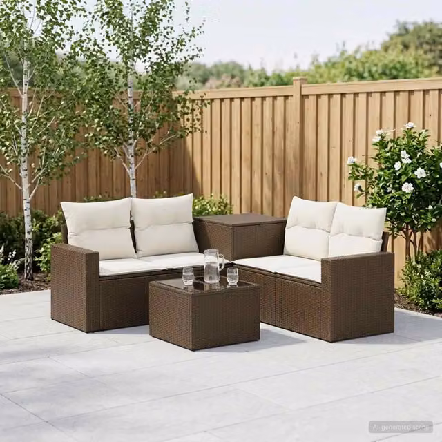 Set di mobili da giardino vidaXL in polyrattan marrone e bianco con divano a 2 posti, elemento angolare, tavolino da caffè e cuscini inclusi – 1