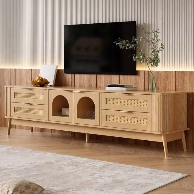 Mobile TV REDOM in stile scandinavo con illuminazione LED integrata, 4 cassetti e 2 ante, colore beige, L/P/H: 180 x 40 x 50 cm