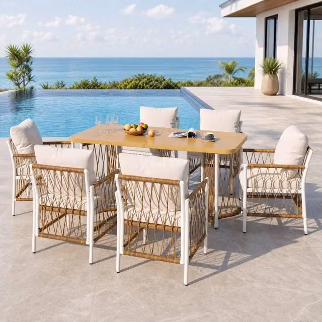 Set da giardino in rattan PE con tavolo e 6 sedie; struttura in ferro; beige marrone naturale