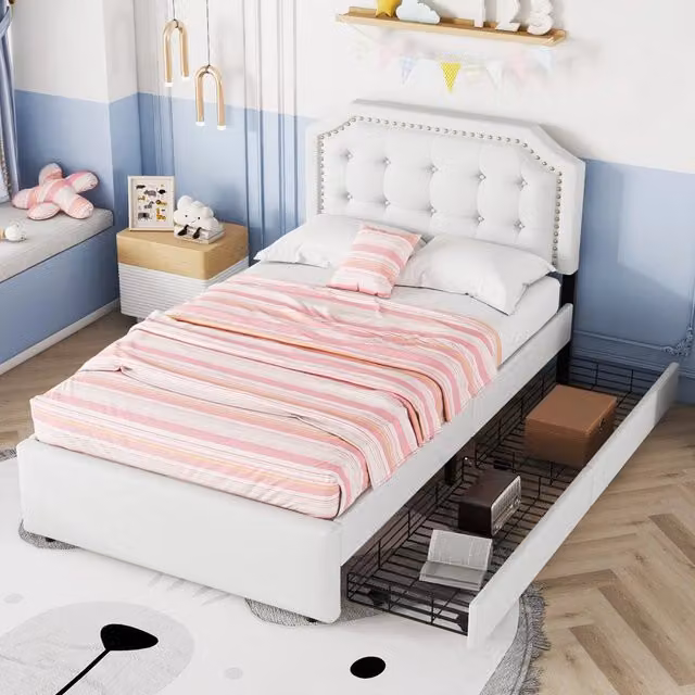 Letto singolo OKWISH imbottito con 2 cassetti e testiera regolabile, beige e bianco, L/P/H: 90 x 200 x 203 cm