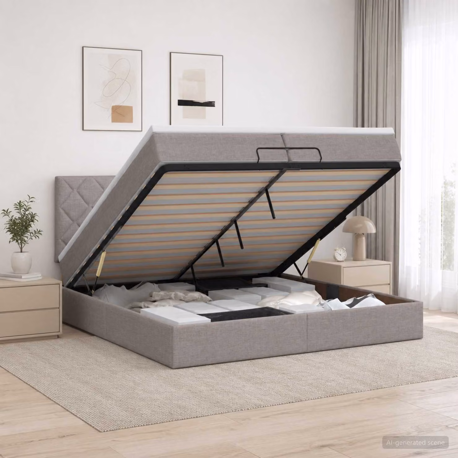 Letto ottomano con materasso vidaXL in tessuto beige e grigio L/P/H: 200 x 200 x 203 cm