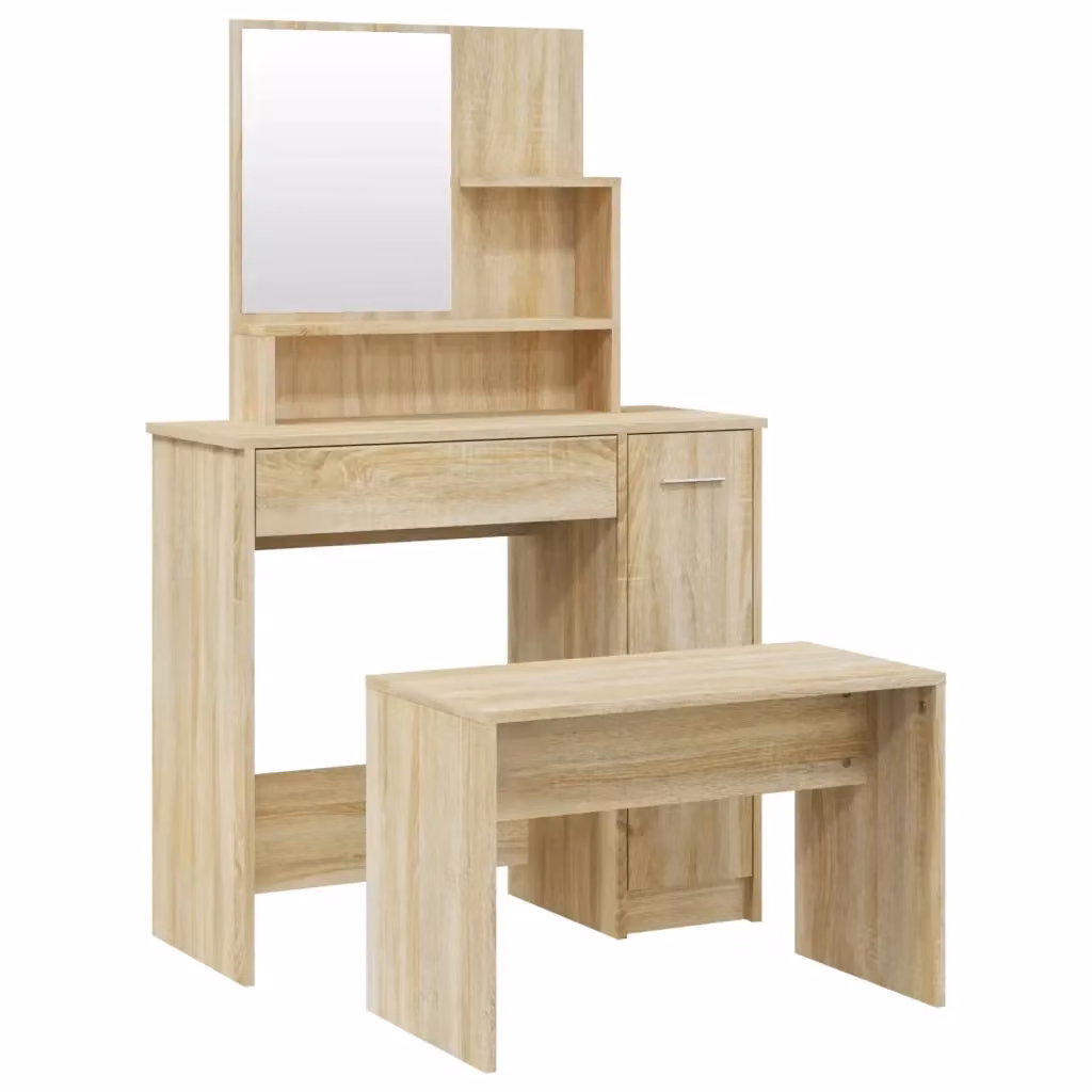 Set Tavolo da Toeletta Moderno vidaXL in Rovere Sonoma, Colore Marrone e Beige, L/P/H: 86,5 x 35 x 136 cm – 2