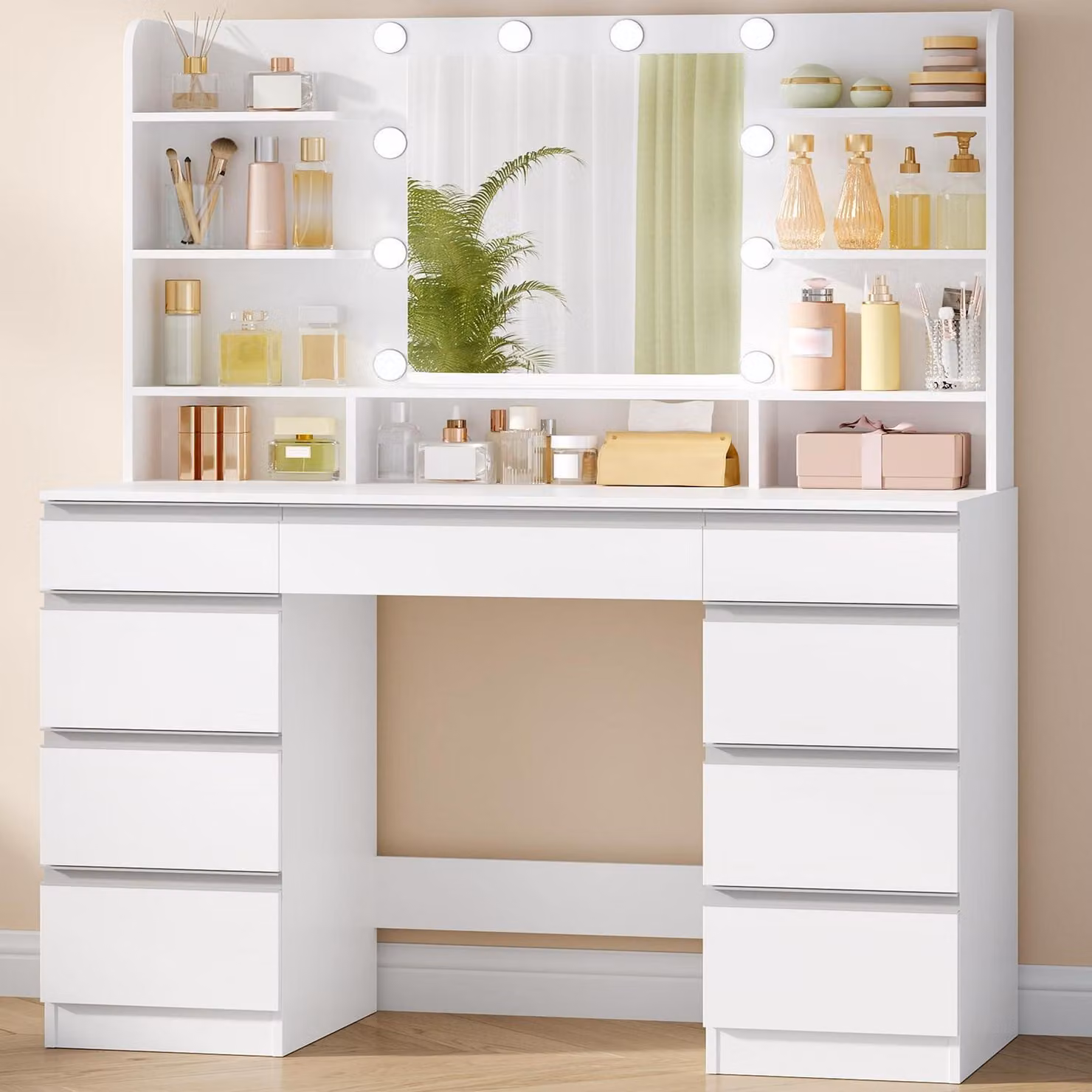 Comò da trucco con illuminazione a LED, 3 tonalità di luce, dimmerabile, 9 cassetti, bianco e argento