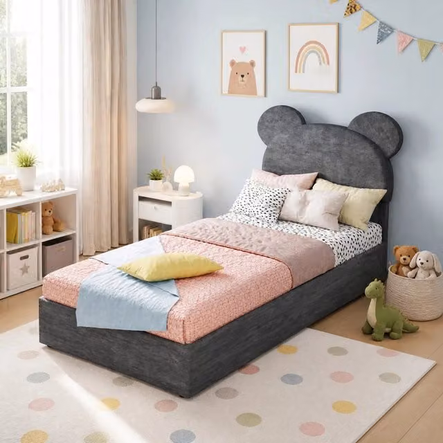 Letto per bambini 90x200 cm grigio con vano contenitore, tessuto e metallo, senza materasso