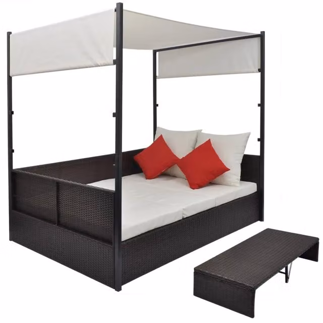 Lettino da Giardino con Tetto Marrone 190x130 cm in Polyrattan 42900