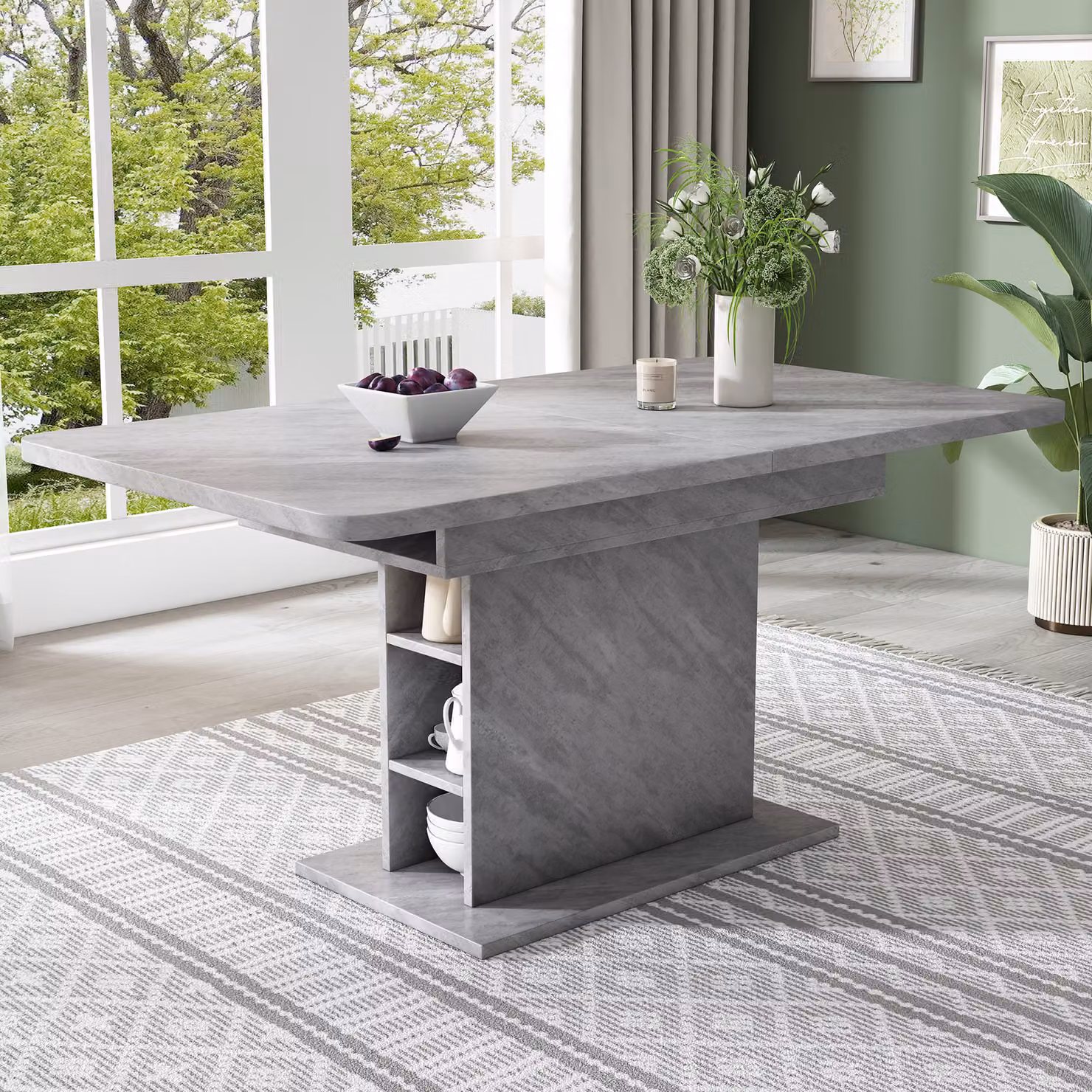 Tavolo da pranzo allungabile Sweiko, tavolo da pranzo con contenitore, tavolo da pranzo rettangolare, tavolino da caffè, tavolo da pranzo moderno e semplice in ferro, tavolo da pranzo multifunzionale salvaspazio, look cemento
