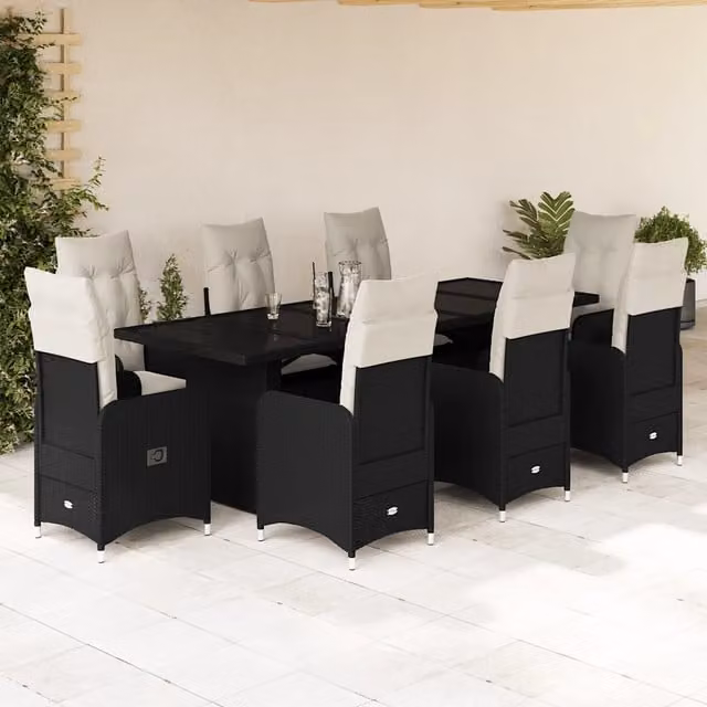 Set Bistrò da Giardino vidaXL 9 pz in Polyrattan Nero con Piano in Vetro e Cuscini Bianchi