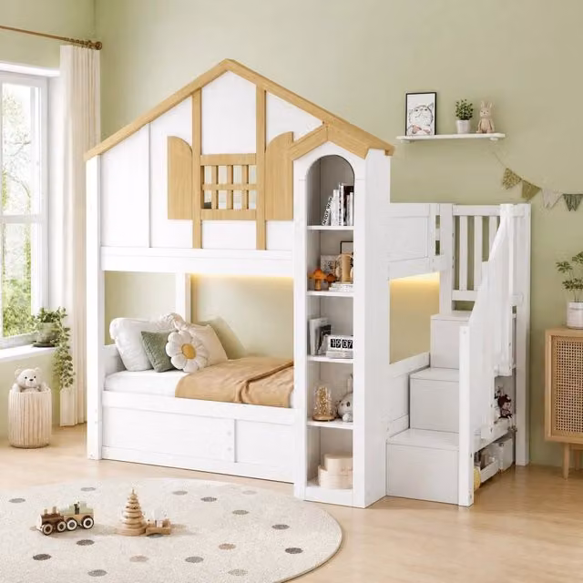 Letto a castello OKWISH per bambini in legno e MDF bianco con letto inferiore contenitore idraulico e scale contenitore L/P/H: 200 x 90 cm