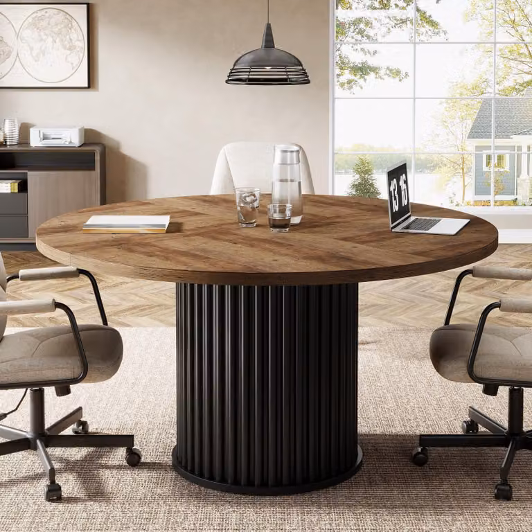 Tribesigns scrivania rotonda da 120 cm, per 4-6 persone, scrivania da ufficio con robusta base in MDF + metallo, perfetta perconferenze, marrone + nero