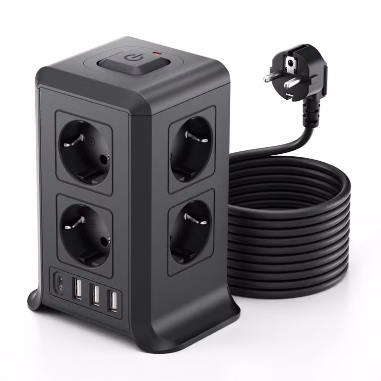 8 prese AC e 4 connettori USB, ciabatta con protezione da sovratensione, colore nero