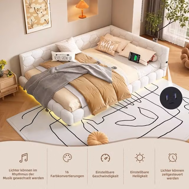 Daybed moderno in similpelle bianco con luci LED 16 colori e porte di ricarica USB e Type-C L/P: 140 x 200 cm