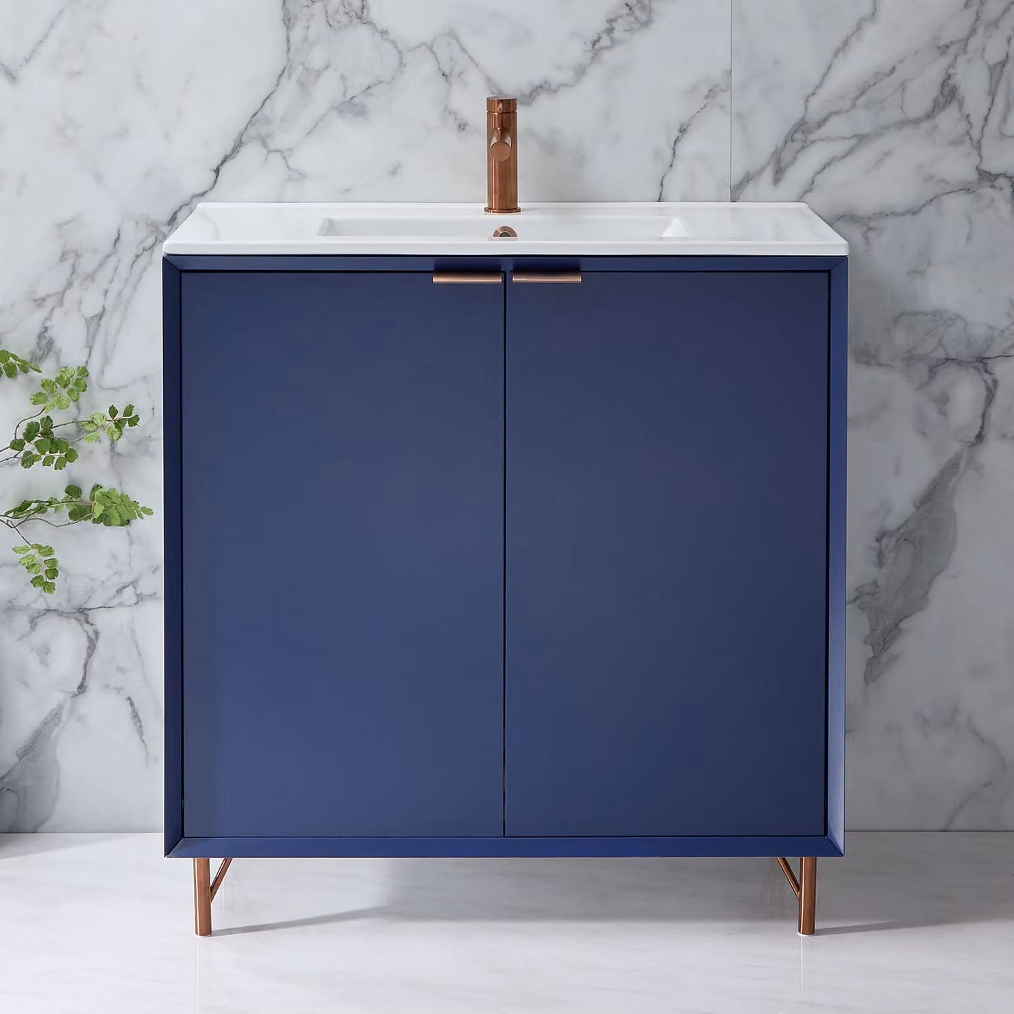 Mobile Bagno Blu Marino 810mm con Lavabo e Maniglie con Impugnatura a Dito in Rame Satinato