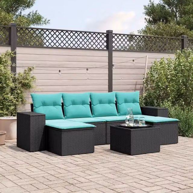 Set Divani da Giardino 7 pz con Cuscini Nero in Polyrattan 3222926