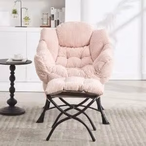 Poltrona con poggiapiedi REDOM in velluto a coste rosa con struttura in metallo L/P/H: 70 x 64 x 95 cm