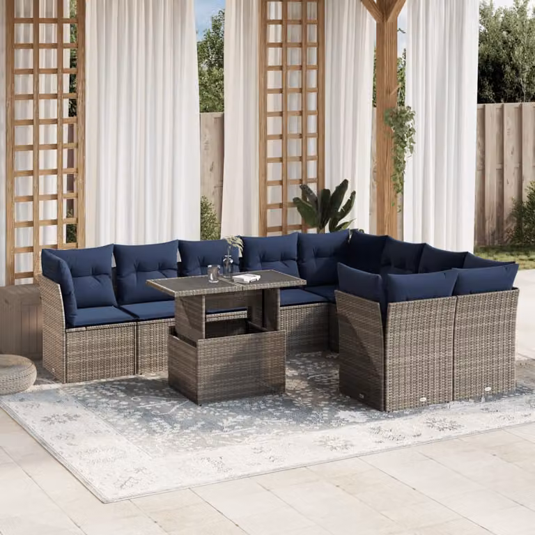 Set di divani da giardino vidaXL in polyrattan con cuscini e tavolino da esterno, composizione a forma di U per 10 persone, colore grigio e blu