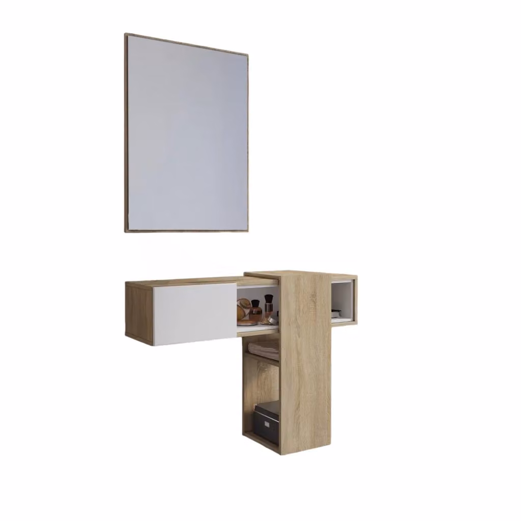 Mobile da ingresso Daba DMORA con specchio, design moderno in finitura rovere marrone e bianco, L: 100 cm, P: 31.2 cm, H: 75 cm – 2
