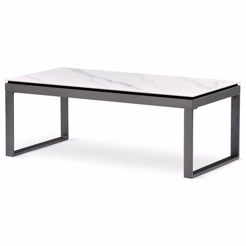 Tavolo da conferenza, piano in Vetroceramica sinterizzata 120x60, marmo bianco, gambe in metallo grigio